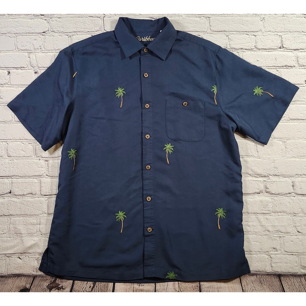 Caribbean Mens Navy Blue Modal Blend Palm Tree Embroidered Button Down Shirt L